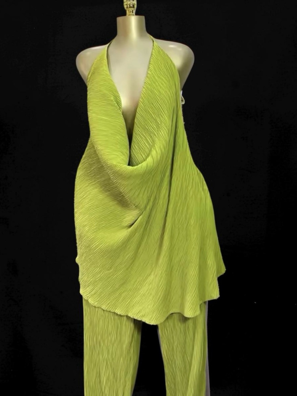 Draped Halter Top & Pants Set - Lime Green
